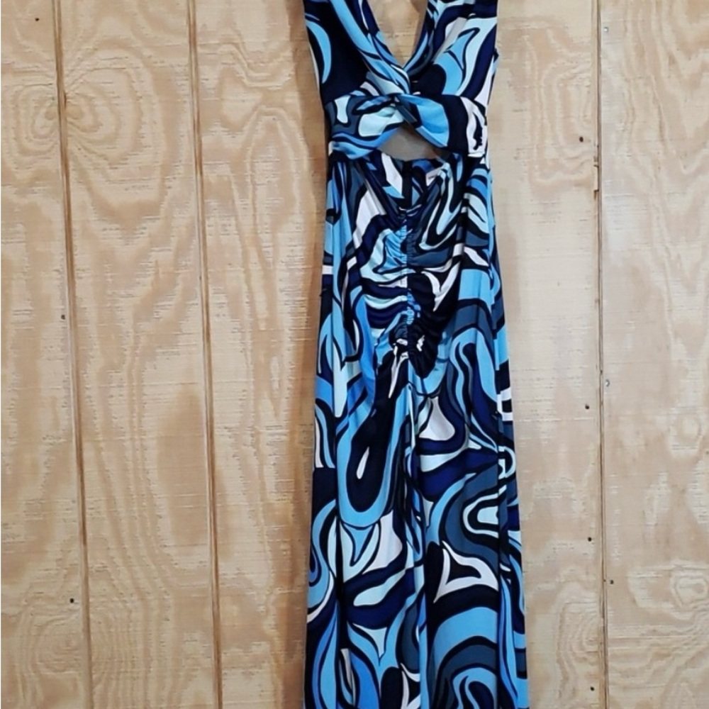Rebecca Vallance Mira Blue Print Sleeveless Tie Back Jersey Midi Dress